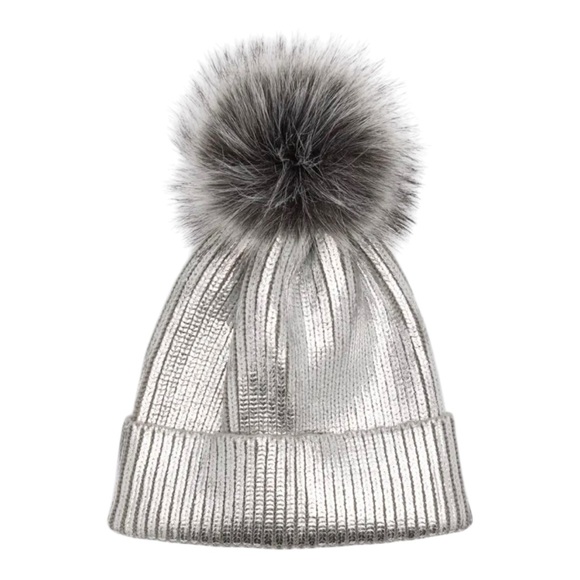 Adrienne Landau Accessories - ADRIENNE LANDAU | NWOT Metallic Beanie Winter Hat With Faux Fur Pom in Silver